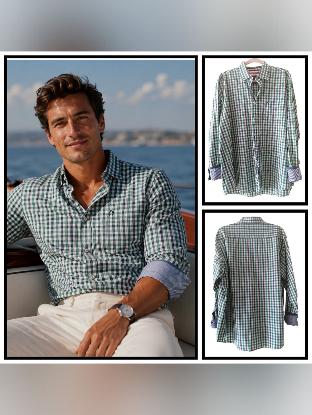🇮🇹 Claudio Campione Men's Green White Check 100% Cotton Button-Down Shirt